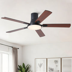 52 inch Mordern Minimalism Black Flush Mount Ceiling Fan with Light and Double-Sized Blades