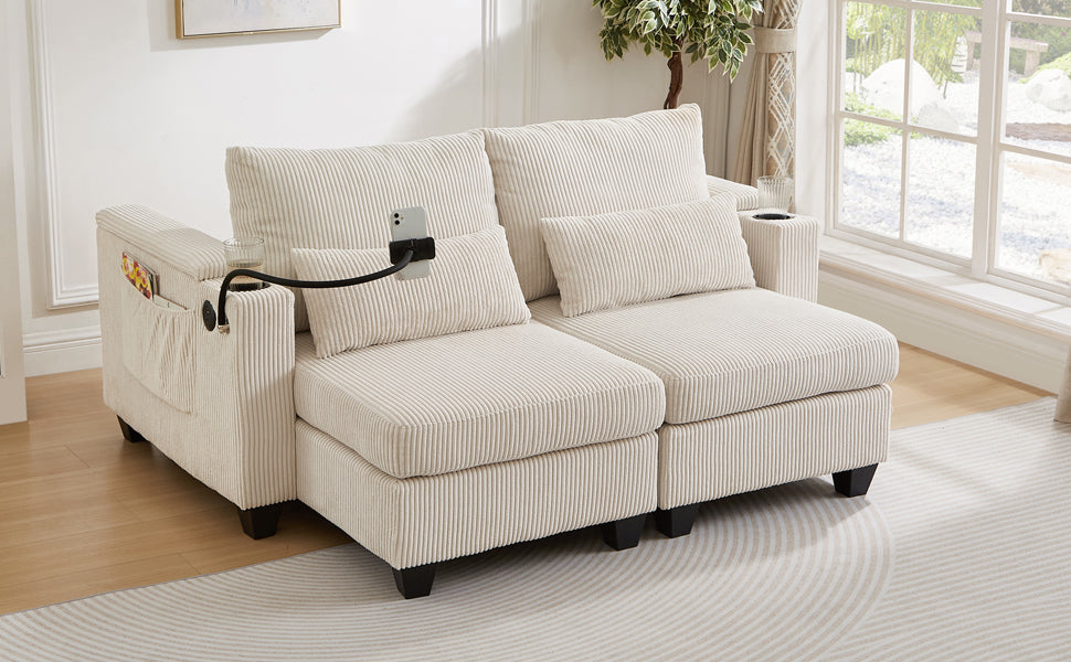 Convertible Chaise Lounge 63" Loveseat Sofa Sofa Bed Corduroy Sleeper Sofa with USB Ports , Two Cup Holders, A Phone Holder and Ample Storage Space for Living Room and Bedroom, Beige