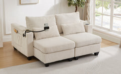 Convertible Chaise Lounge 63" Loveseat Sofa Sofa Bed Corduroy Sleeper Sofa with USB Ports , Two Cup Holders, A Phone Holder and Ample Storage Space for Living Room and Bedroom, Beige