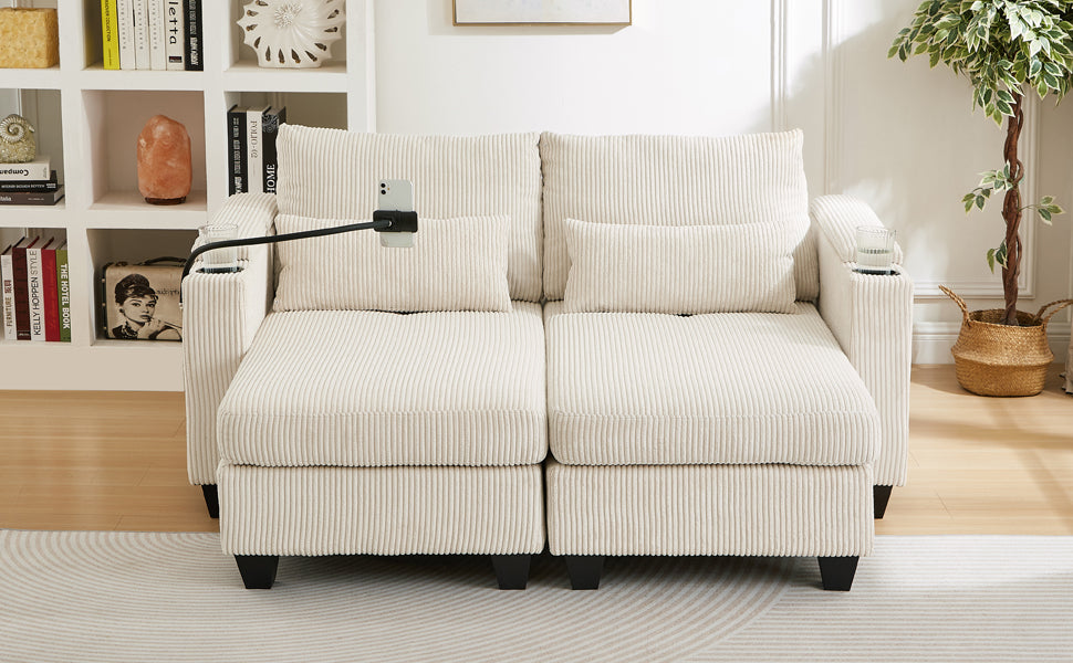 Convertible Chaise Lounge 63" Loveseat Sofa Sofa Bed Corduroy Sleeper Sofa with USB Ports , Two Cup Holders, A Phone Holder and Ample Storage Space for Living Room and Bedroom, Beige