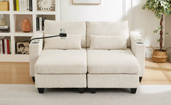 Convertible Chaise Lounge 63" Loveseat Sofa Sofa Bed Corduroy Sleeper Sofa with USB Ports , Two Cup Holders, A Phone Holder and Ample Storage Space for Living Room and Bedroom, Beige