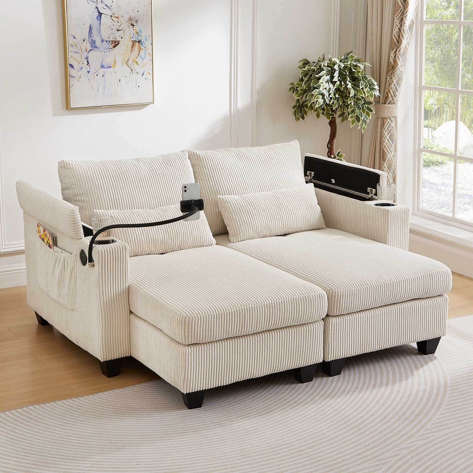 Convertible Chaise Lounge 63" Loveseat Sofa Sofa Bed Corduroy Sleeper Sofa with USB Ports , Two Cup Holders, A Phone Holder and Ample Storage Space for Living Room and Bedroom, Beige
