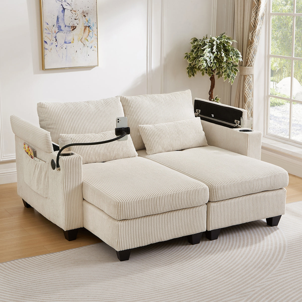 Convertible Chaise Lounge 63" Loveseat Sofa Sofa Bed Corduroy Sleeper Sofa with USB Ports , Two Cup Holders, A Phone Holder and Ample Storage Space for Living Room and Bedroom, Beige