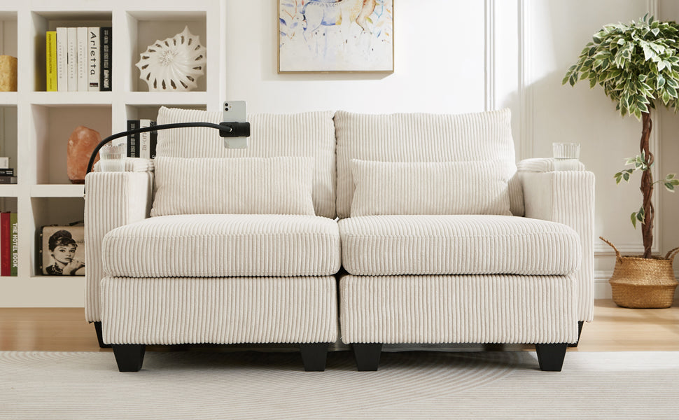 Convertible Chaise Lounge 63" Loveseat Sofa Sofa Bed Corduroy Sleeper Sofa with USB Ports , Two Cup Holders, A Phone Holder and Ample Storage Space for Living Room and Bedroom, Beige