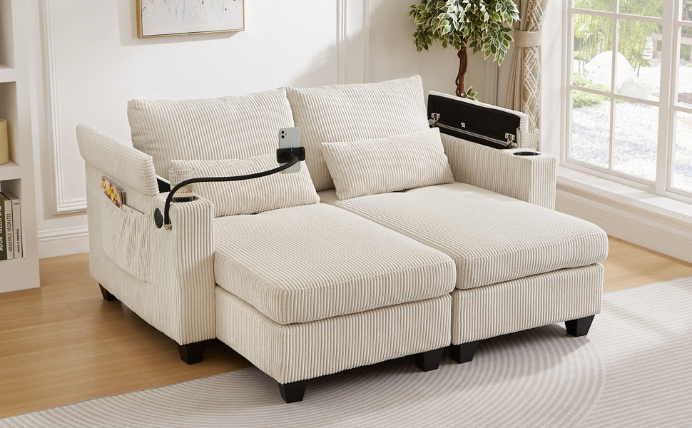 Convertible Chaise Lounge 63" Loveseat Sofa Sofa Bed Corduroy Sleeper Sofa with USB Ports , Two Cup Holders, A Phone Holder and Ample Storage Space for Living Room and Bedroom, Beige