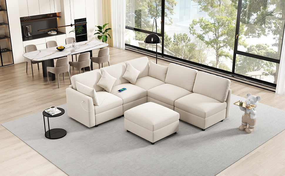 86.6" Sectional Sofa Modular Sofa U-shaped Sofa Couch Sofa Bed L-shaped Sofa with a Movable Ottoman and Two USB Ports for Living Room(Old SKU:N719S001680A), Beige