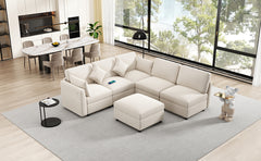 86.6" Sectional Sofa Modular Sofa U-shaped Sofa Couch Sofa Bed L-shaped Sofa with a Movable Ottoman and Two USB Ports for Living Room(Old SKU:N719S001680A), Beige