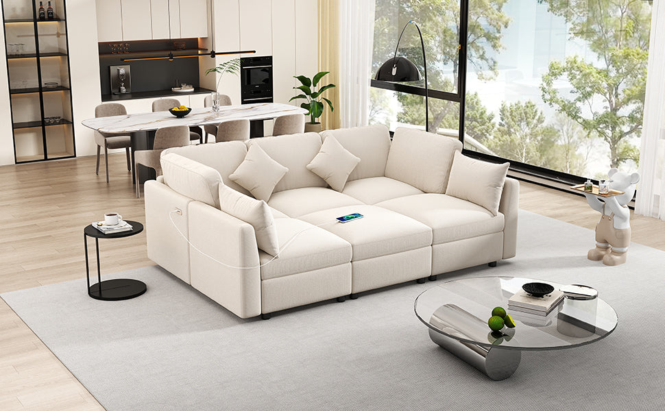 86.6" Sectional Sofa Modular Sofa U-shaped Sofa Couch Sofa Bed L-shaped Sofa with a Movable Ottoman and Two USB Ports for Living Room(Old SKU:N719S001680A), Beige