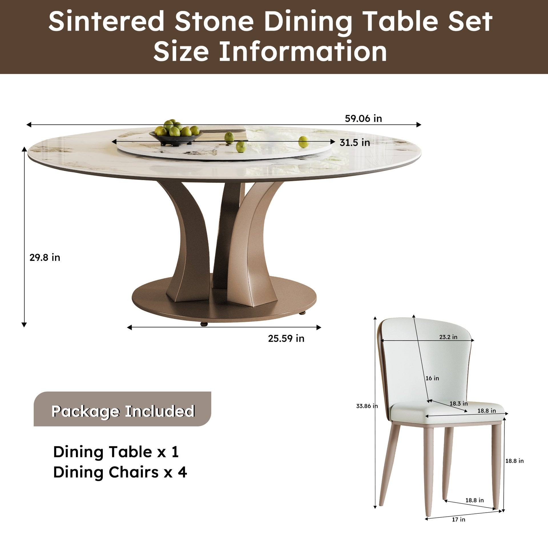 59" Round Dining Table with Rotating Lazy Susan & Heat-Resistant Sintered Stone Top for Dining Room, Kitchen(4 chairs)