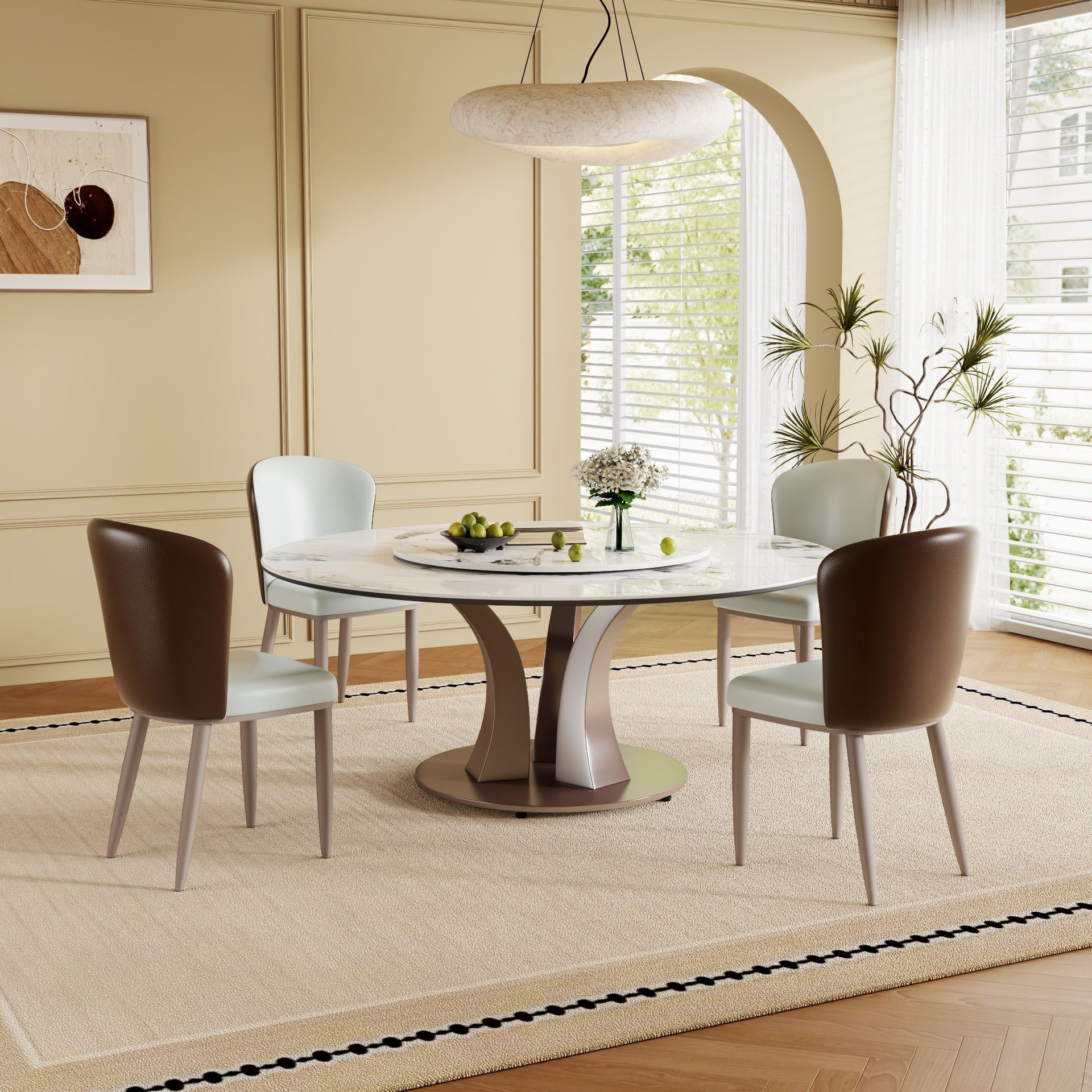 59" Round Dining Table with Rotating Lazy Susan & Heat-Resistant Sintered Stone Top for Dining Room, Kitchen(4 chairs)