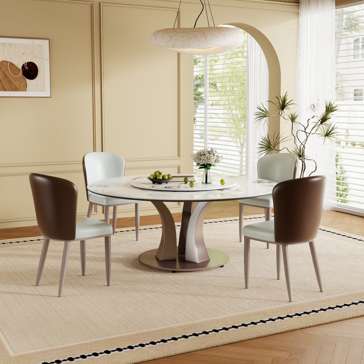 59" Round Dining Table with Rotating Lazy Susan & Heat-Resistant Sintered Stone Top for Dining Room, Kitchen(4 chairs)