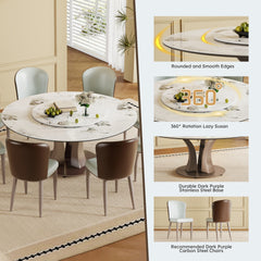 59" Round Dining Table with Rotating Lazy Susan & Heat-Resistant Sintered Stone Top for Dining Room, Kitchen(4 chairs)