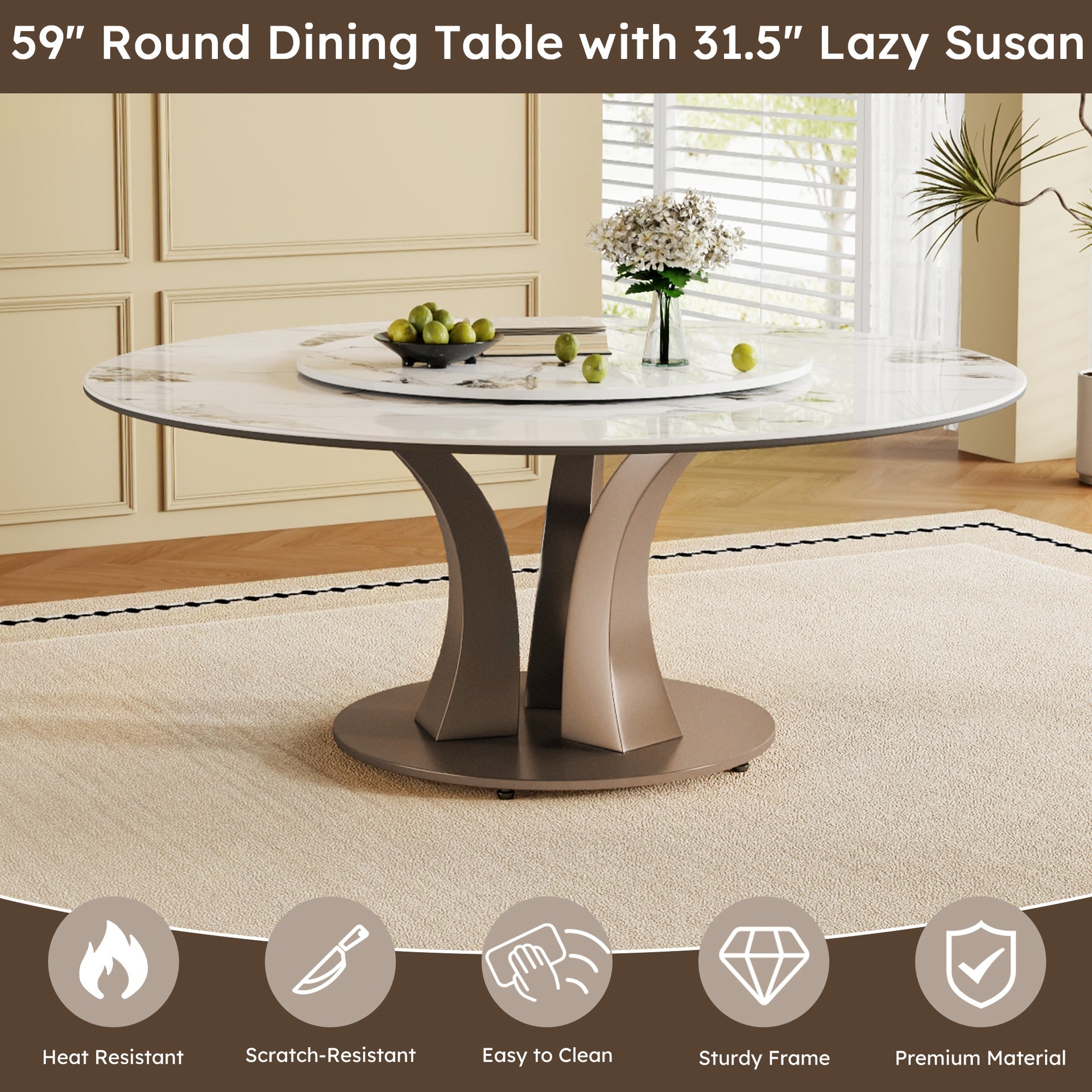 59" Round Dining Table with Rotating Lazy Susan & Heat-Resistant Sintered Stone Top for Dining Room, Kitchen(4 chairs)