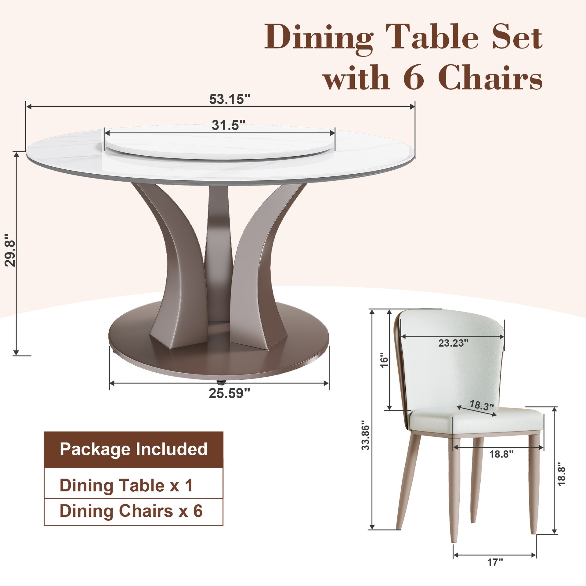 53" Round Dining Table with Rotating Tray - Scratch & Heat Resistant Sintered Stone Top for Kitchen & Restaurant(6 chairs)