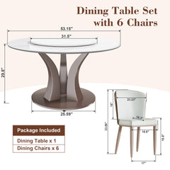 53" Round Dining Table with Rotating Tray - Scratch & Heat Resistant Sintered Stone Top for Kitchen & Restaurant(6 chairs)