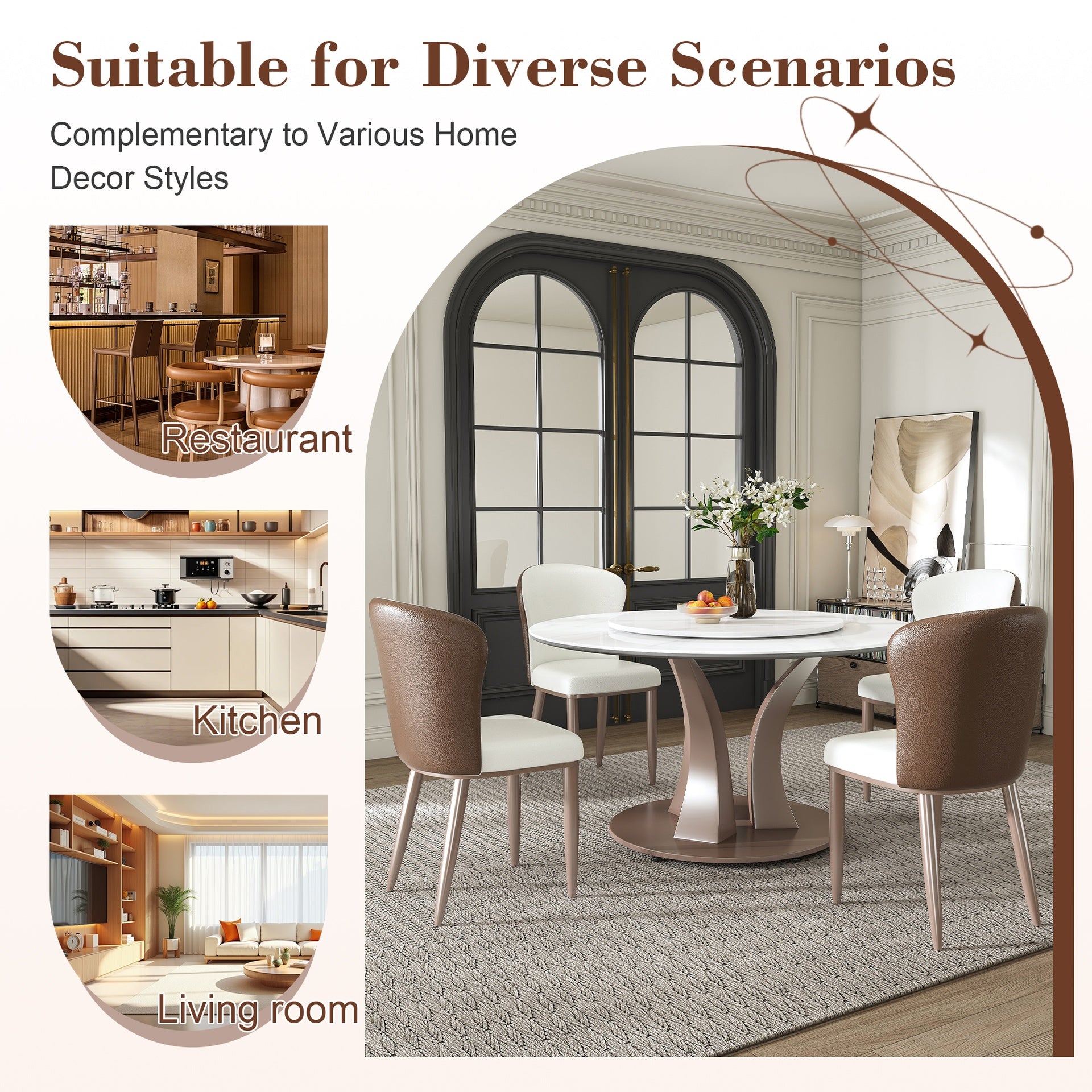 53" Round Dining Table with Rotating Tray - Scratch & Heat Resistant Sintered Stone Top for Kitchen & Restaurant(6 chairs)