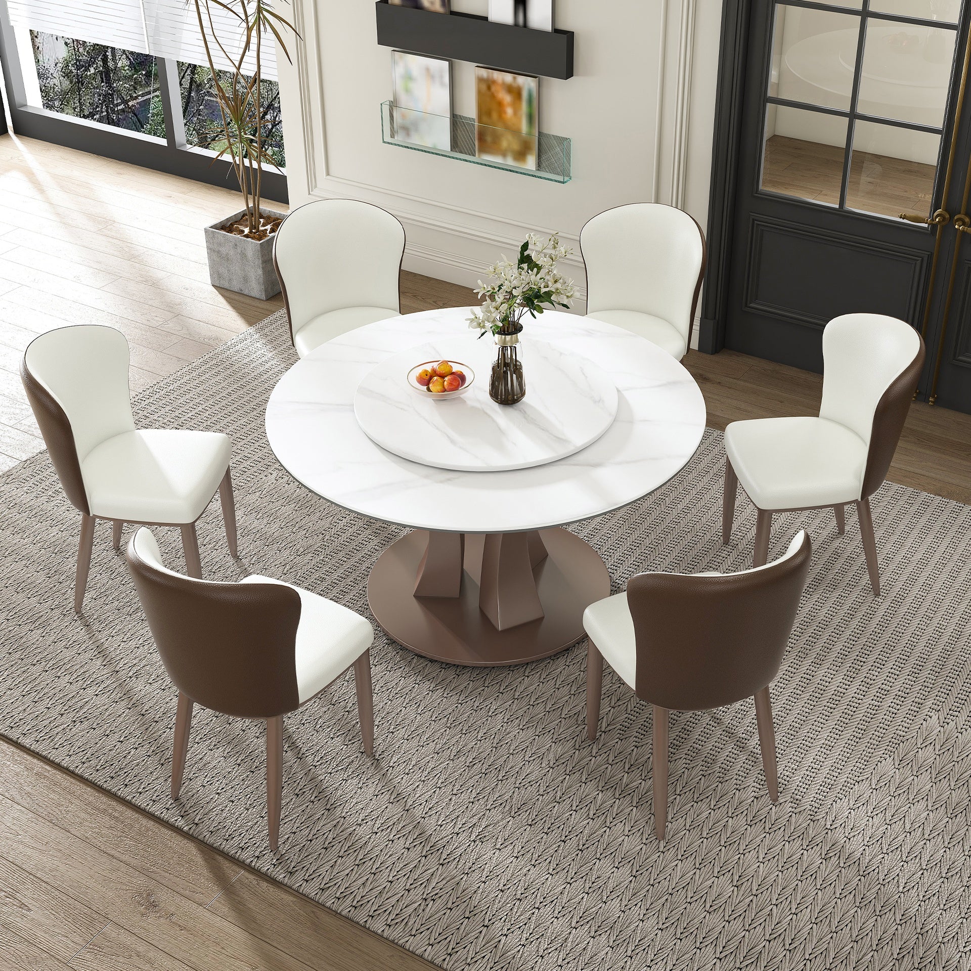 53" Round Dining Table with Rotating Tray - Scratch & Heat Resistant Sintered Stone Top for Kitchen & Restaurant(6 chairs)