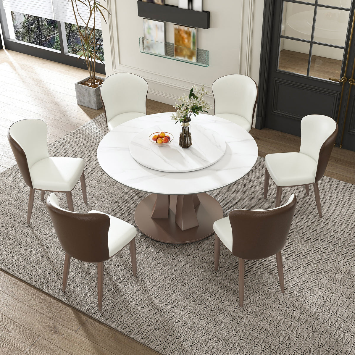 53" Round Dining Table with Rotating Tray - Scratch & Heat Resistant Sintered Stone Top for Kitchen & Restaurant(6 chairs)