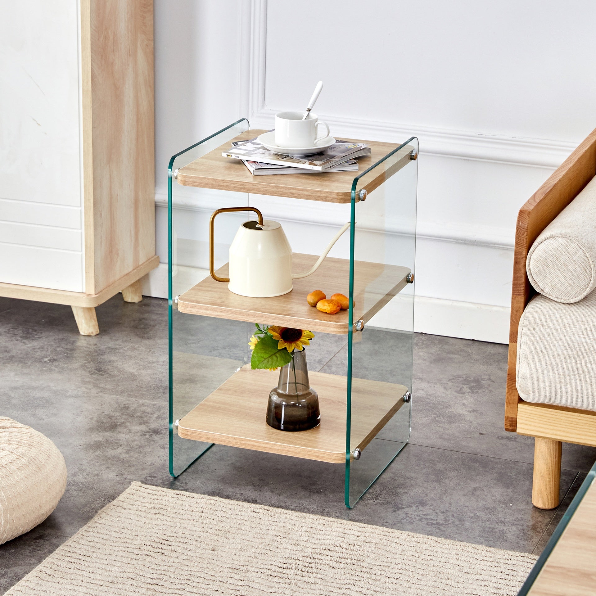 Three layer bedside cabinet.The board is made of MDF with wooden stickers, with transparent tempered glass on both side.The design is simple and elegant, with powerful storage function.Storage cabinet