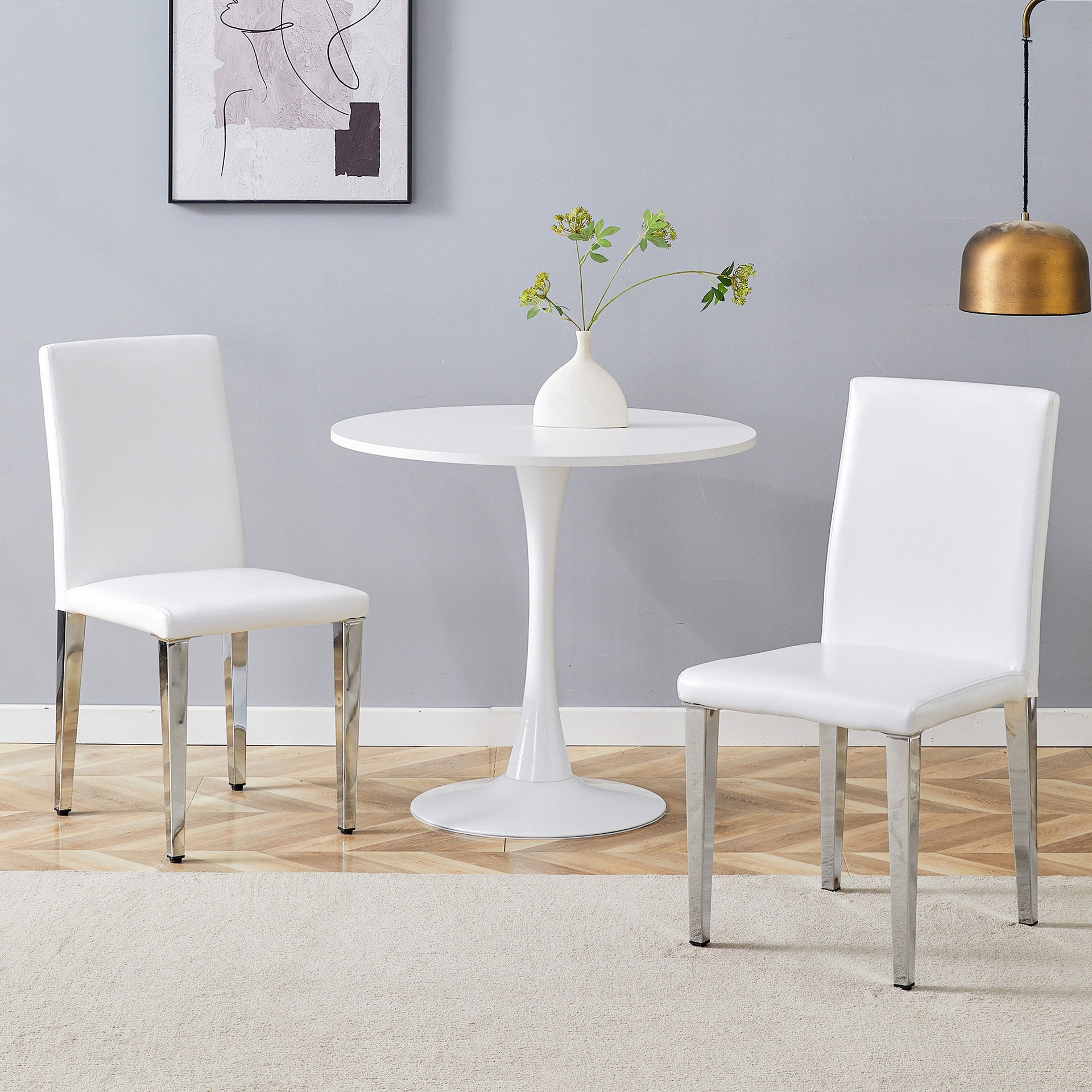 Two White PU dining chairs,Silver Metal Legs.Simple and versatile, comfortable and accompanied. Exquisite and versatile dining chairs unlock a comfortable new experience.(Set of 2)W1151P269051