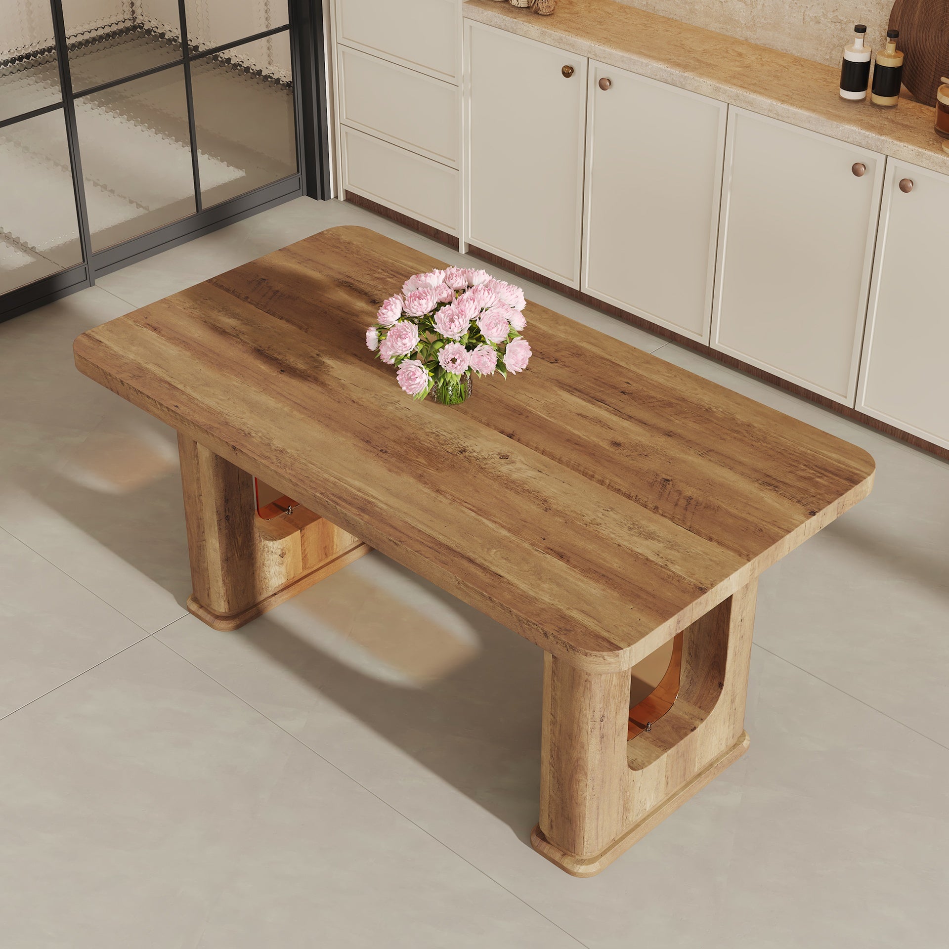 64.5 x 35.4 Inch Stylish Wood Color Textured Dining Table, Perfectly Blending Simplicity And Transparency. Made of MDF Material With Wood Grain Stickers, It Exudes A Strong Sense Of Fashion.