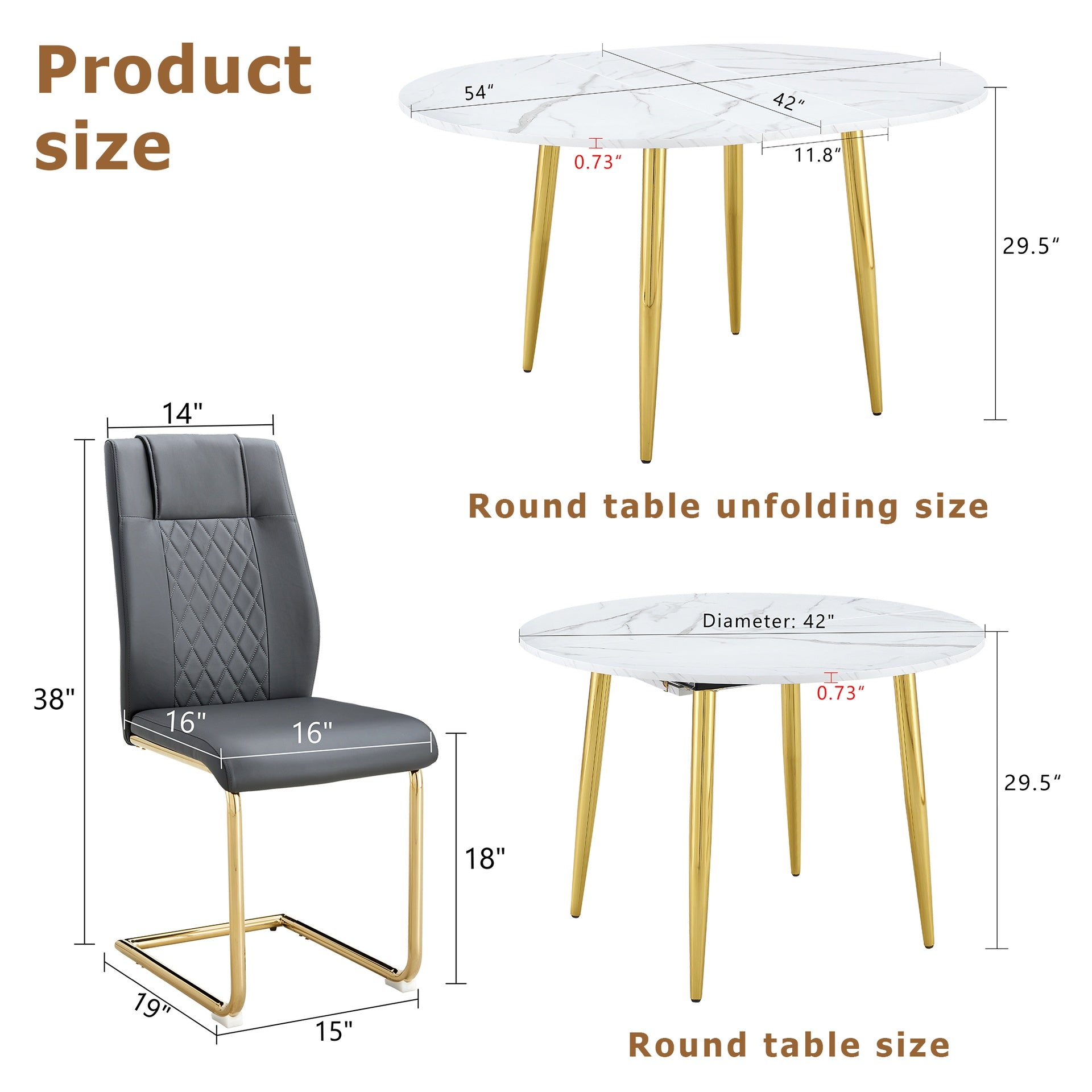 Table and chair set.Extendable MDF Dining Table.The pull-out table is ideal for a wide range of families,suitable for gatherings of different size.Paired with 6 Dark Gray Chairs With Gold Metal Legs.