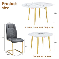 Table and chair set.Extendable MDF Dining Table.The pull-out table is ideal for a wide range of families,suitable for gatherings of different size.Paired with 6 Dark Gray Chairs With Gold Metal Legs.