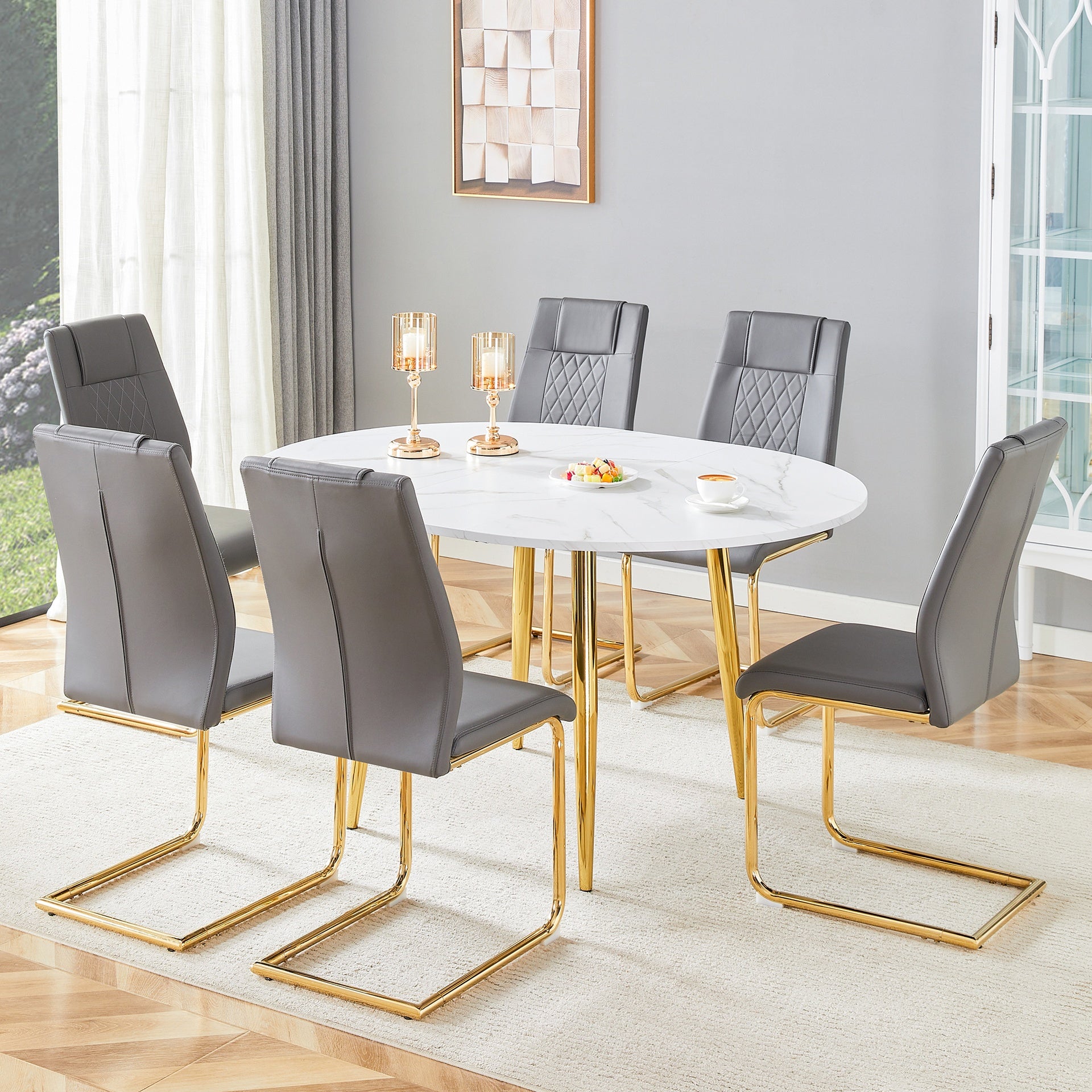 Table and chair set.Extendable MDF Dining Table.The pull-out table is ideal for a wide range of families,suitable for gatherings of different size.Paired with 6 Dark Gray Chairs With Gold Metal Legs.