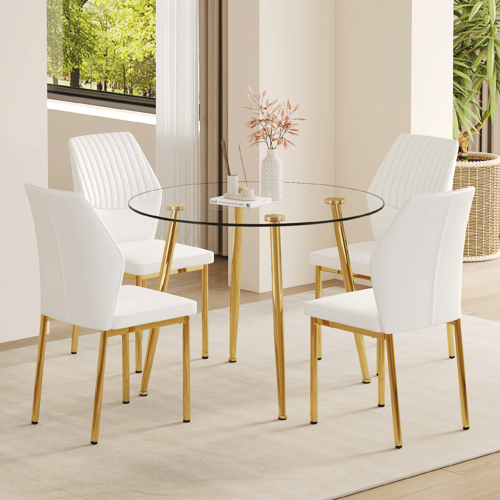 Table and chair set.39.7 Inch Diameter Modern Luxury Glass Dining Table and Chair Set - Gold Metal Legs.Paired With 4 WHITE PU Material High Resilience Dining Chair with Metal Gold Leg.W1151S03708