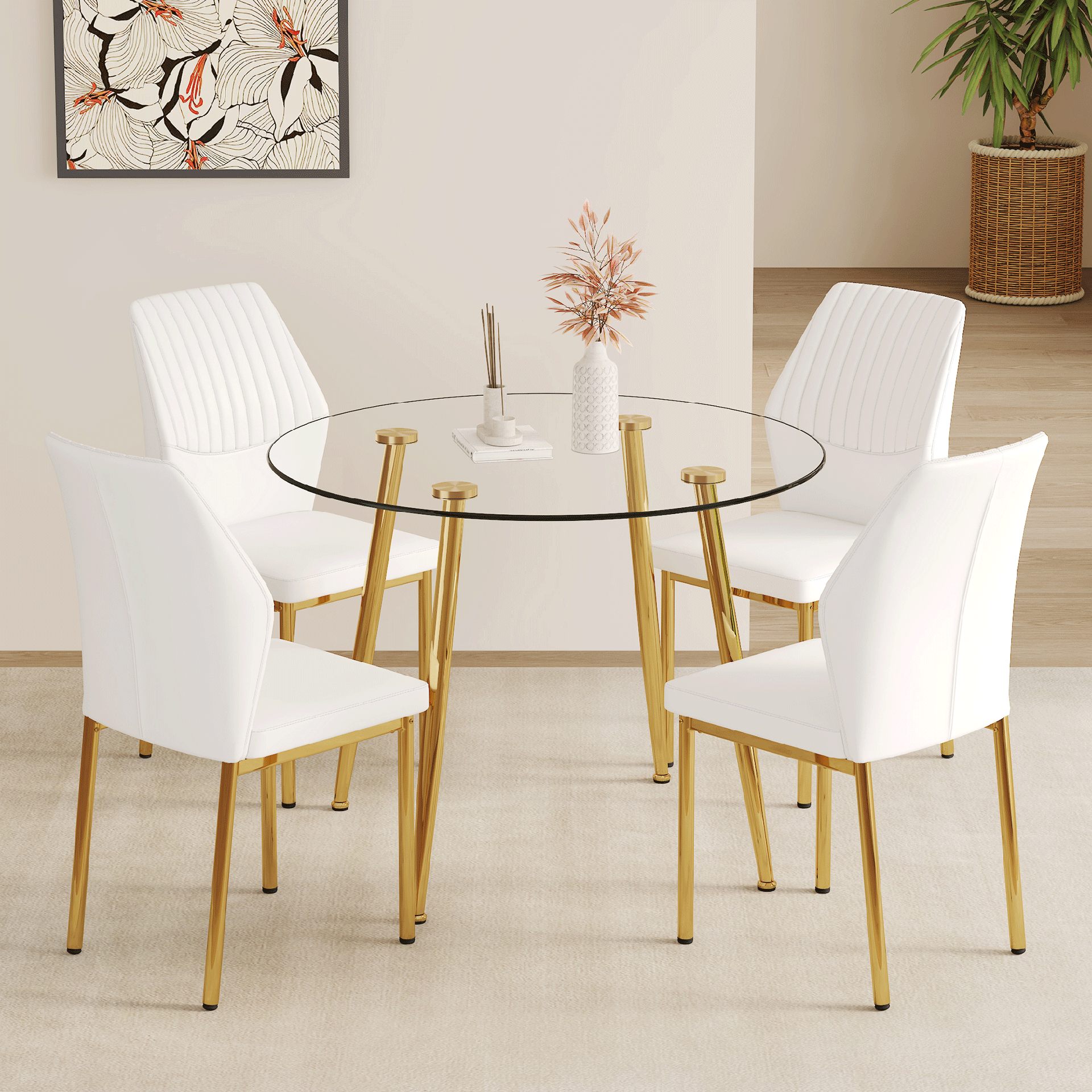 Table and chair set.39.7 Inch Diameter Modern Luxury Glass Dining Table and Chair Set - Gold Metal Legs.Paired With 4 WHITE PU Material High Resilience Dining Chair with Metal Gold Leg.W1151S03708