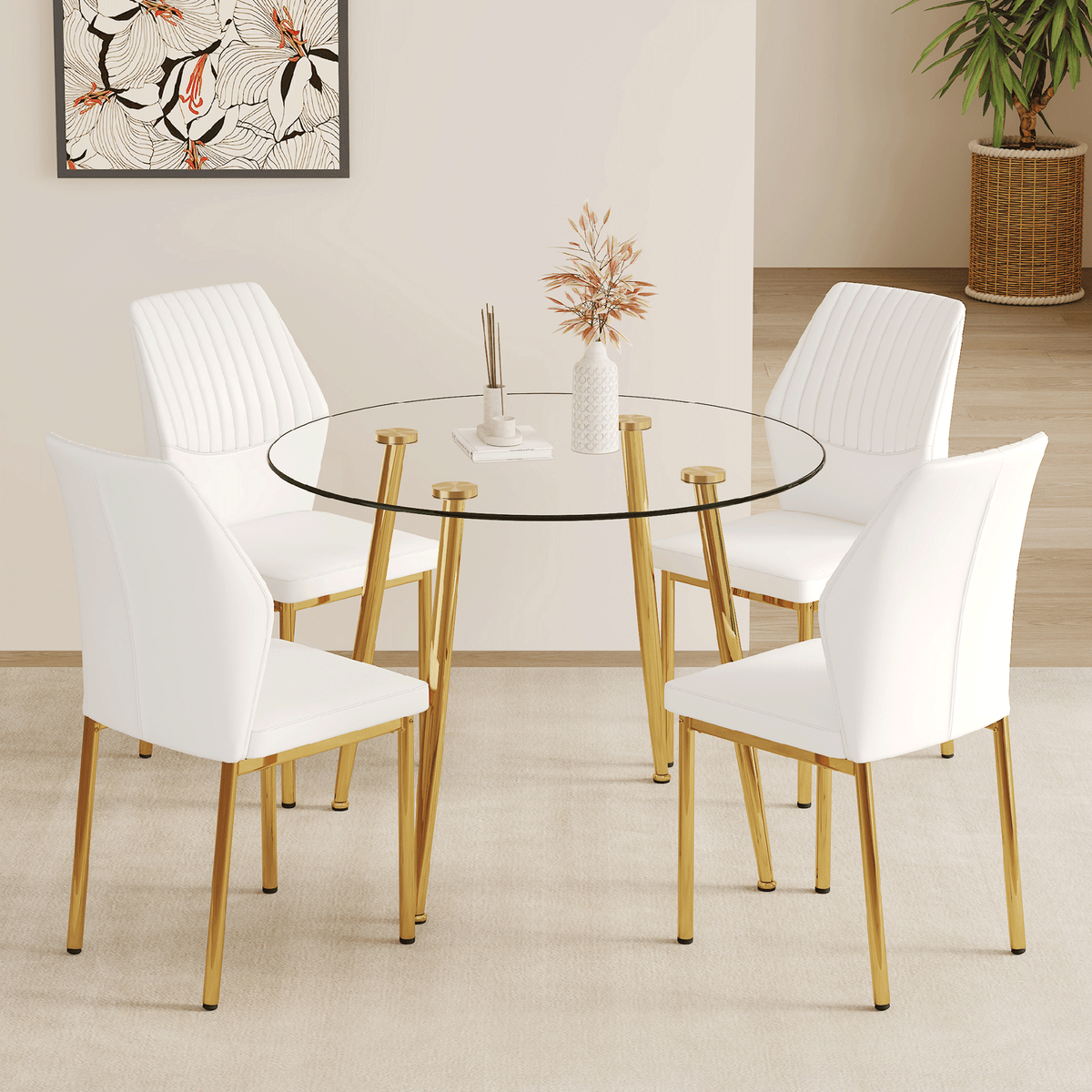 Table and chair set.39.7 Inch Diameter Modern Luxury Glass Dining Table and Chair Set - Gold Metal Legs.Paired With 4 WHITE PU Material High Resilience Dining Chair with Metal Gold Leg.W1151S03708