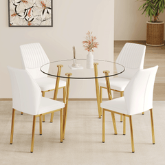 Table and chair set.39.7 Inch Diameter Modern Luxury Glass Dining Table and Chair Set - Gold Metal Legs.Paired With 4 WHITE PU Material High Resilience Dining Chair with Metal Gold Leg.W1151S03708