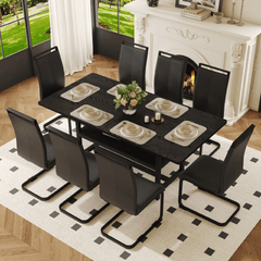 Table and chair set.71*35.4 inch Black Grain Spliced Dining Table With Storage Function In The Middle Of The Table Legs.Paired with 8 Black PU Chairs With C-tube Black Metal Chair Legs.