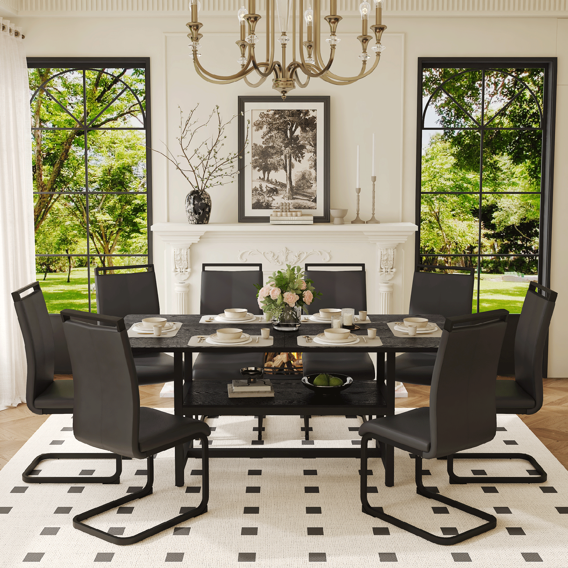 Table and chair set.71*35.4 inch Black Grain Spliced Dining Table With Storage Function In The Middle Of The Table Legs.Paired with 8 Black PU Chairs With C-tube Black Metal Chair Legs.