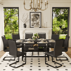 Table and chair set.71*35.4 inch Black Grain Spliced Dining Table With Storage Function In The Middle Of The Table Legs.Paired with 8 Black PU Chairs With C-tube Black Metal Chair Legs.