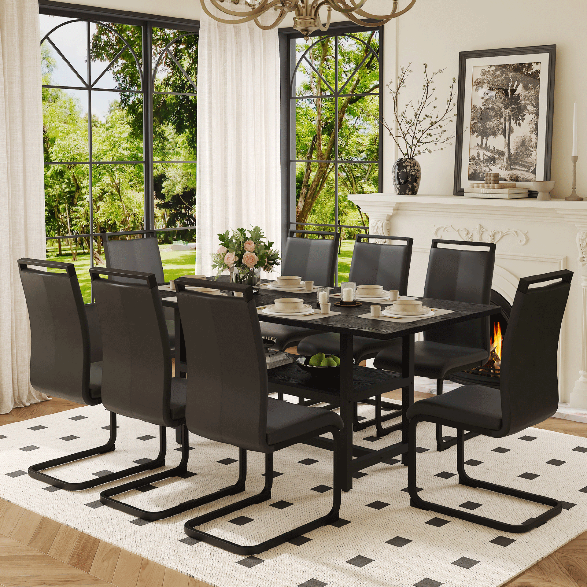 Table and chair set.71*35.4 inch Black Grain Spliced Dining Table With Storage Function In The Middle Of The Table Legs.Paired with 8 Black PU Chairs With C-tube Black Metal Chair Legs.