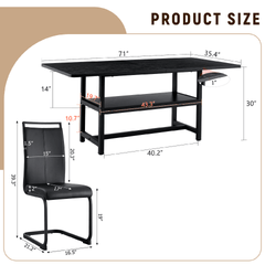 Table and chair set.71*35.4 inch Black Grain Spliced Dining Table With Storage Function In The Middle Of The Table Legs.Paired with 8 Black PU Chairs With C-tube Black Metal Chair Legs.