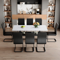 Table and chair set.71*35.4 inch White Grain Spliced Dining Table With Storage Function In The Middle Of The Table Legs.Paired with 8 Black PU Chairs With C-tube Black Metal Chair Legs.