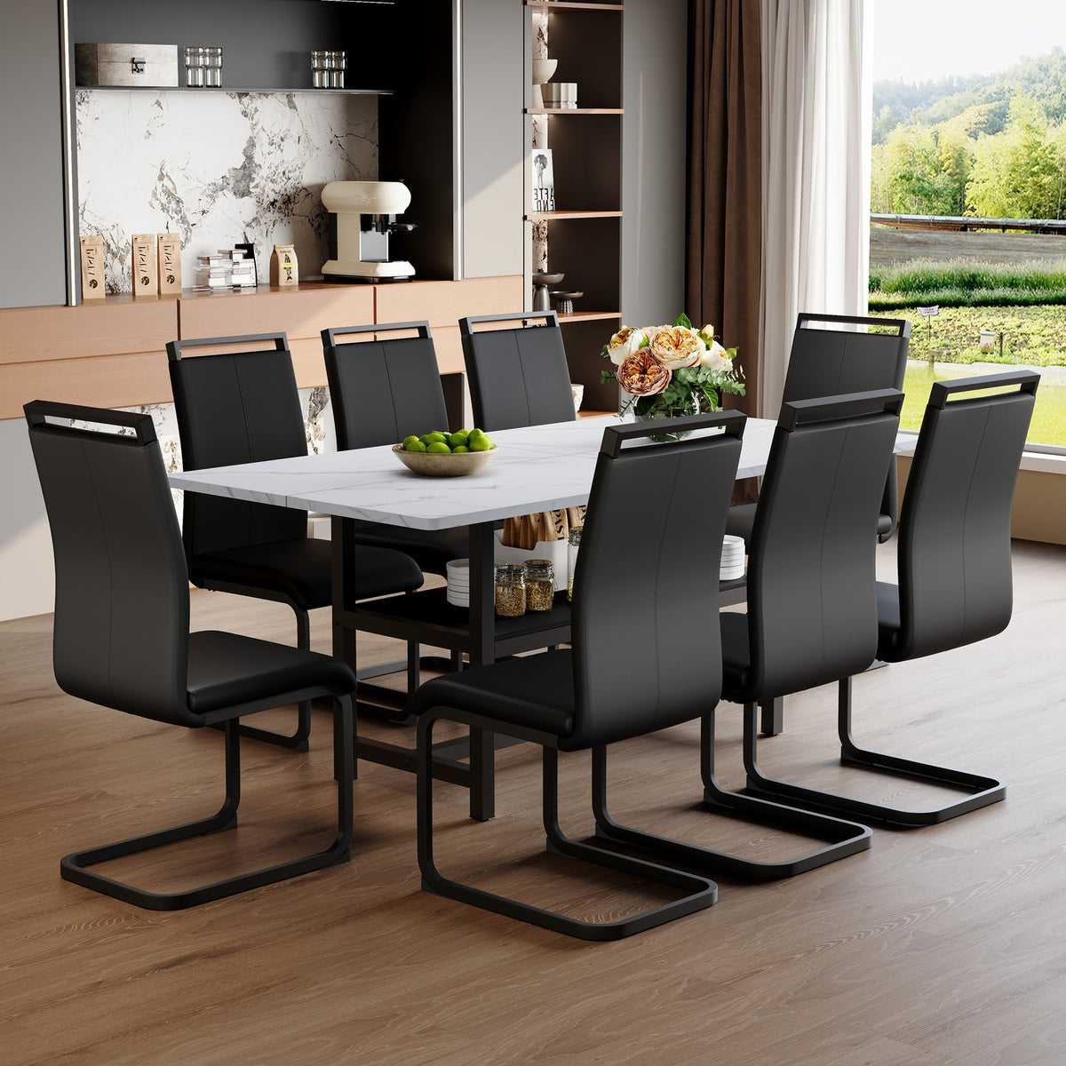Table and chair set.71*35.4 inch White Grain Spliced Dining Table With Storage Function In The Middle Of The Table Legs.Paired with 8 Black PU Chairs With C-tube Black Metal Chair Legs.