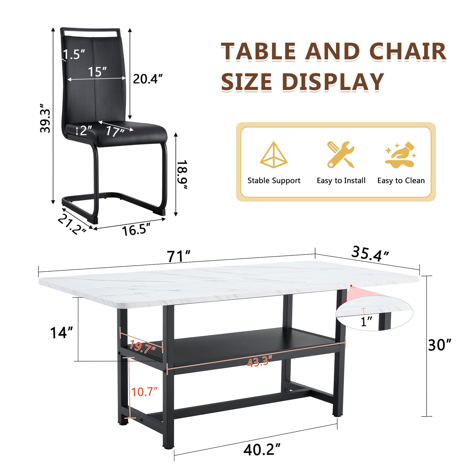 Table and chair set.71*35.4 inch White Grain Spliced Dining Table With Storage Function In The Middle Of The Table Legs.Paired with 8 Black PU Chairs With C-tube Black Metal Chair Legs.
