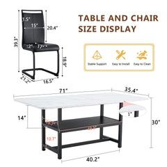 Table and chair set.71*35.4 inch White Grain Spliced Dining Table With Storage Function In The Middle Of The Table Legs.Paired with 8 Black PU Chairs With C-tube Black Metal Chair Legs.