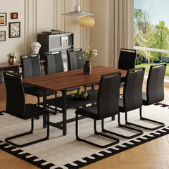 Table and chair set.71 inch long fashionable walnut grain dining table, a practical choice to add color to the home.Paired with 8 Black PU Chairs With C-tube Black Metal Chair Legs.
