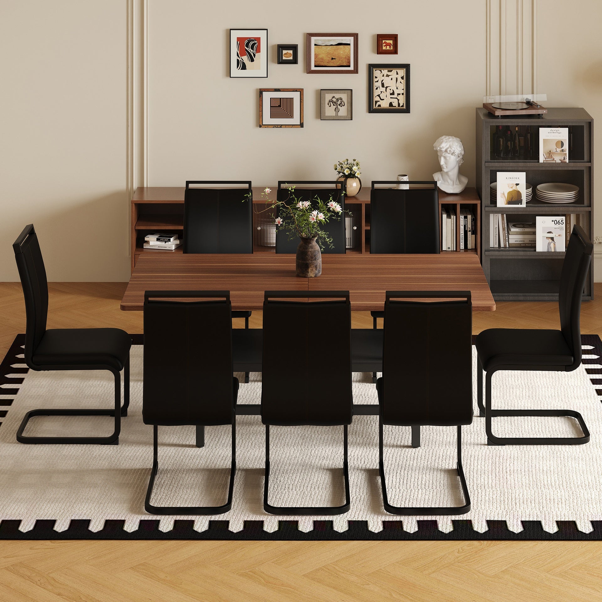 Table and chair set.71 inch long fashionable walnut grain dining table, a practical choice to add color to the home.Paired with 8 Black PU Chairs With C-tube Black Metal Chair Legs.