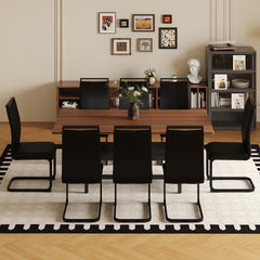 Table and chair set.71 inch long fashionable walnut grain dining table, a practical choice to add color to the home.Paired with 8 Black PU Chairs With C-tube Black Metal Chair Legs.