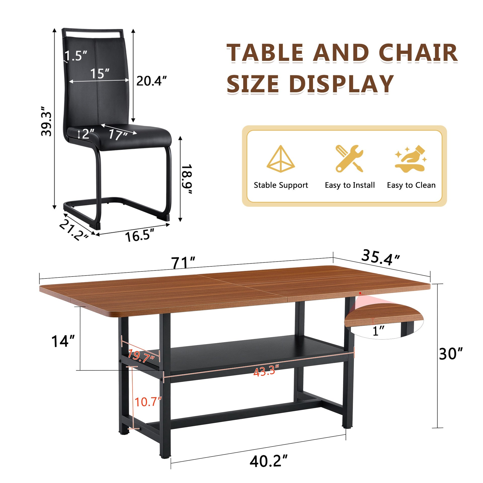 Table and chair set.71 inch long fashionable walnut grain dining table, a practical choice to add color to the home.Paired with 8 Black PU Chairs With C-tube Black Metal Chair Legs.