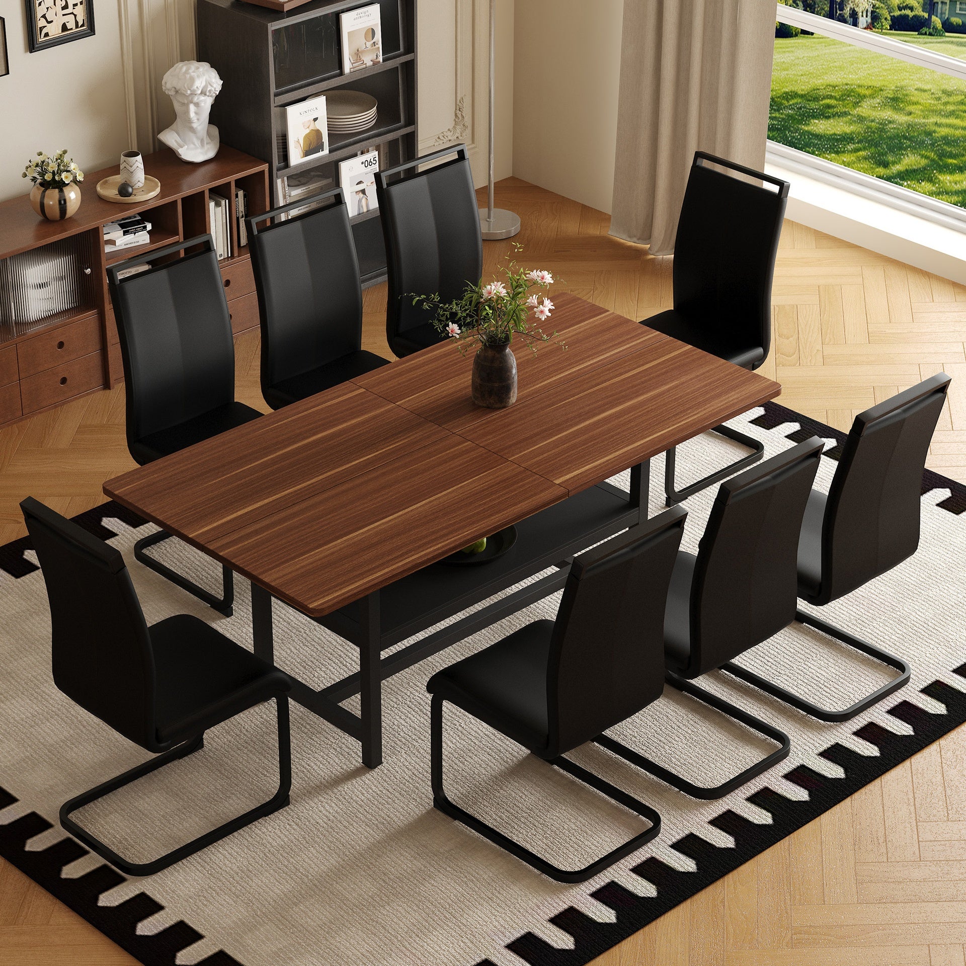 Table and chair set.71 inch long fashionable walnut grain dining table, a practical choice to add color to the home.Paired with 8 Black PU Chairs With C-tube Black Metal Chair Legs.