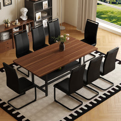 Table and chair set.71 inch long fashionable walnut grain dining table, a practical choice to add color to the home.Paired with 8 Black PU Chairs With C-tube Black Metal Chair Legs.