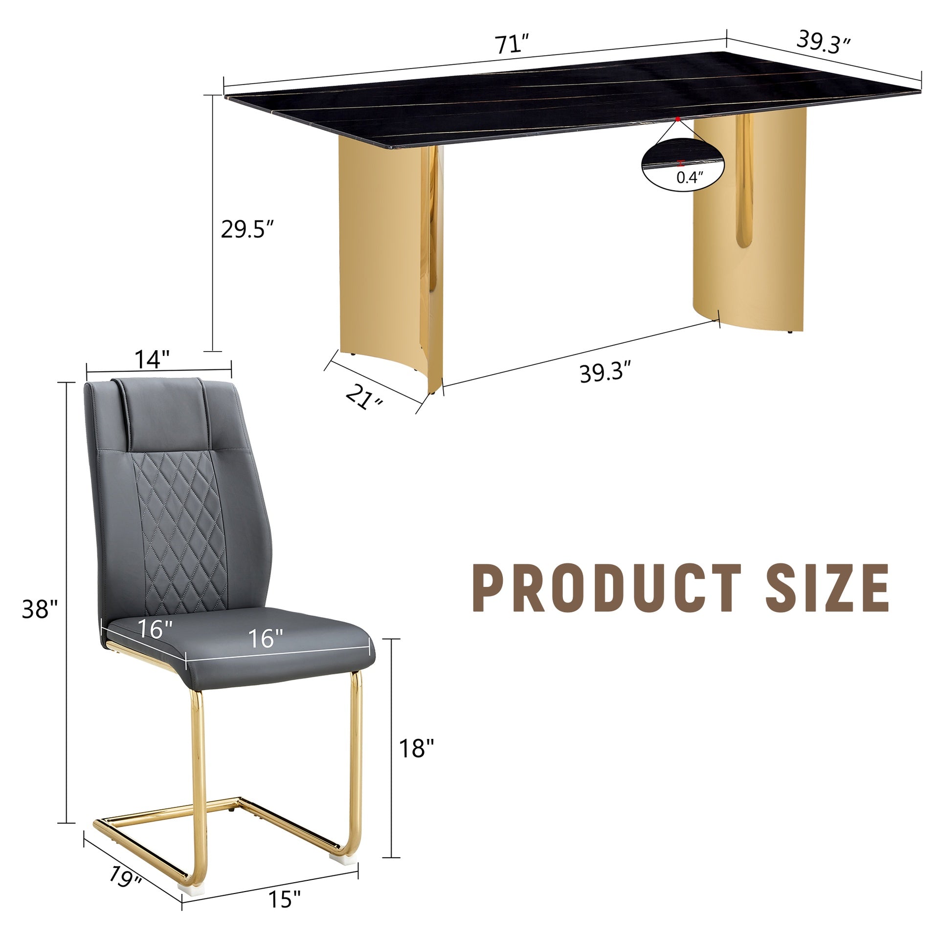 Table and chair set.The table has a glass tabletop with imitation marble pattern stickers and stainless steel golden legs. Paried with 6 comfortable chairs with PU seats and metal legs.W1151S01515