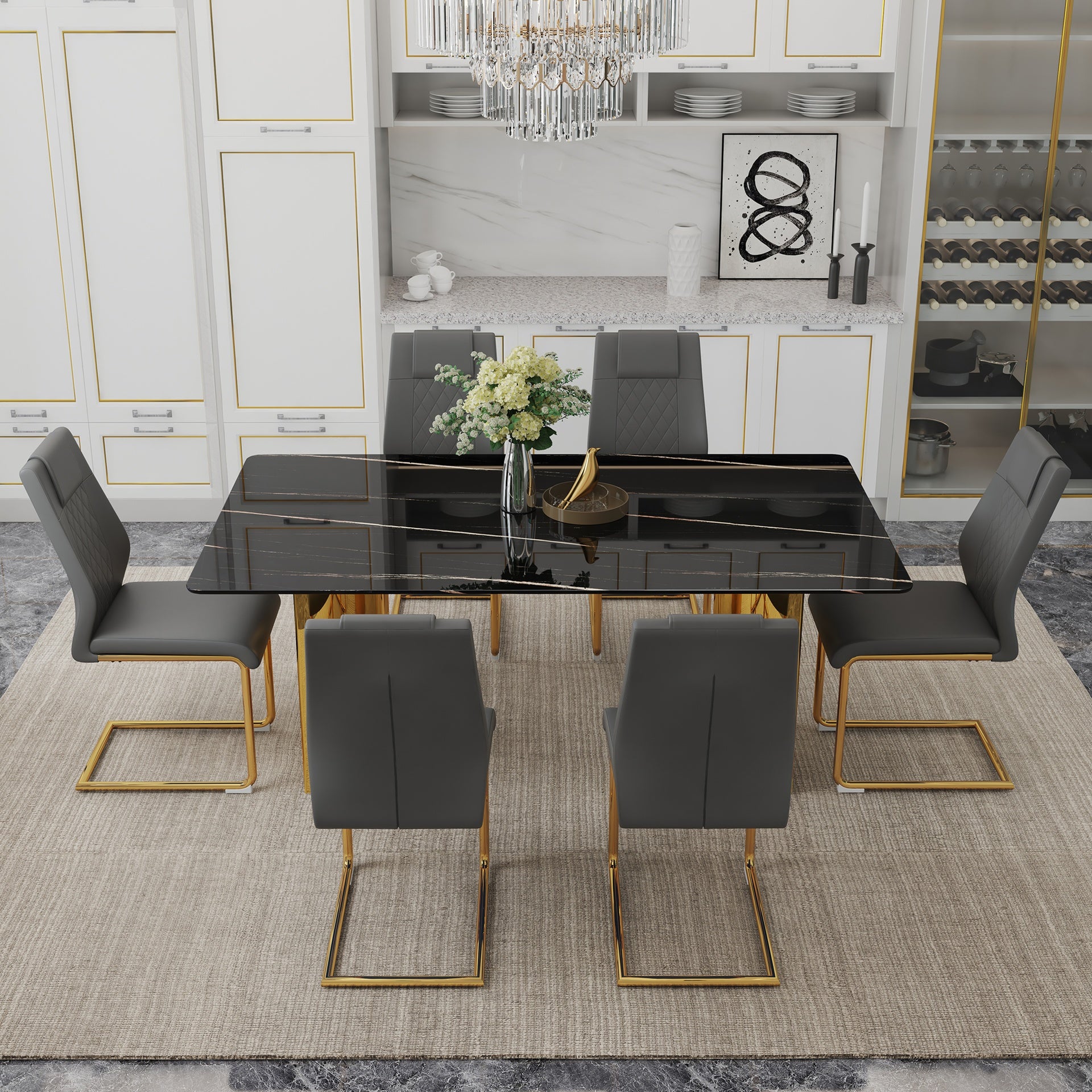 Table and chair set.The table has a glass tabletop with imitation marble pattern stickers and stainless steel golden legs. Paried with 6 comfortable chairs with PU seats and metal legs.W1151S01515