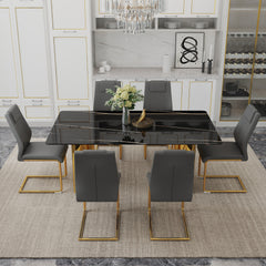 Table and chair set.The table has a glass tabletop with imitation marble pattern stickers and stainless steel golden legs. Paried with 6 comfortable chairs with PU seats and metal legs.W1151S01515